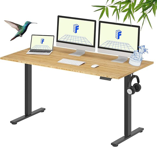 FLEXISPOT EN1 Bamboo Standing Desk, 60 x 30 Inches One-Piece Electric Adjustable Height Desk for Home Office (Black Frame + Bamboo Top, 2 Packages)