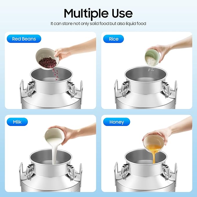 Milk Can Stainless Steel Containers with Lids Old Fashion Milk Jug Metal Bucket with Practical Handles, Sealed Bucket for Milk Water Wine Honey Oil Rice Tea Beans Grains (50 L/13.21Gal)