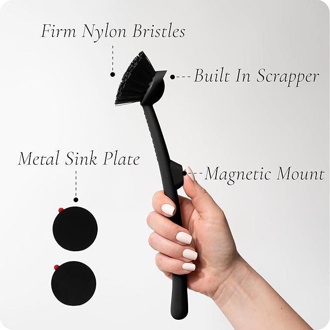 Earth & Mango Magnetic Dish Brush – Dish Scrubber with Built-in Scraper – Snaps to Sink, Dries Fast, Declutters Your Counter (Onyx Black)