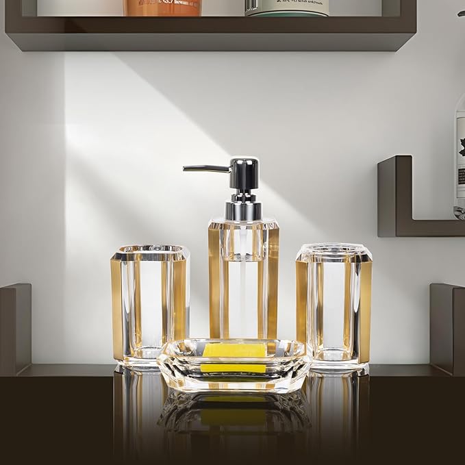 4 Piece Premium Acrylic Bathroom Accessory Set, Hand Sanitizer Bottle, Lotion Can Bathroom Suit, Separate Bottle Soap Box, Mouthwash Cup, Toothbrush Cup(Brushed Gold)