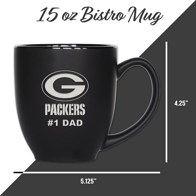 Rico Industries NFL Football #1 Dad 15oz Laser Engraved Matte Black Ceramic Bistro Mug - for Hot or Cold Drinks