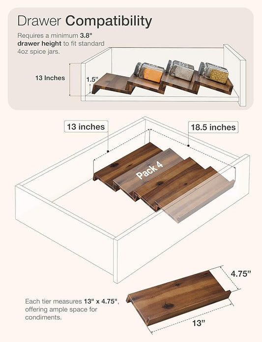 Tinamo Acacia Wooden Spice Rack Organizer for Cabinet - Spice Drawer Insert, Spice Organization for Cabinet, Seasoning Organizer, Spice Holder Pack of 8 (Walnut pack 4)