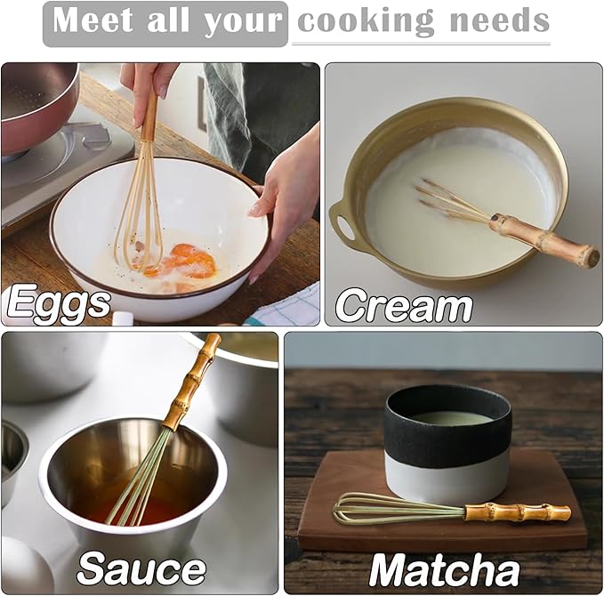 7 Inch Wooden Whisk - Handmade Natural Bamboo Egg Whisk & Frother for Mixing Eggs, Sauces, Batters (Pancake, Waffle), Cream, Matcha, Smoothies - Eco-Friendly Kitchen Tool, Uncoated Multipurpose Mixer
