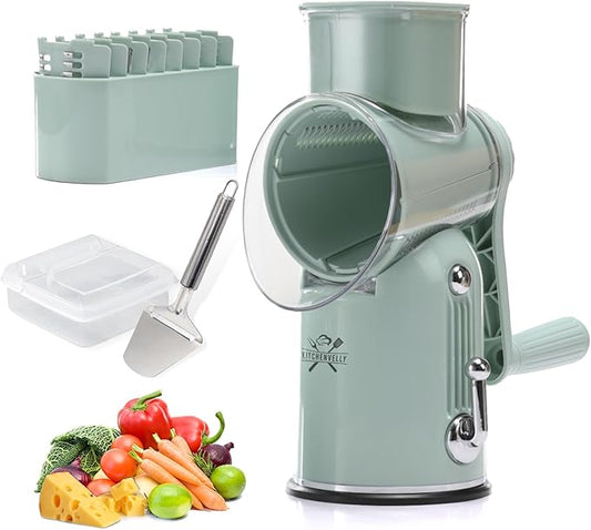 5-in-1 Rotary Cheese Grater with Hand Crank – Multi-Functional Vegetable Slicer, Nut & Cheese Shredder – Easy to Clean Food Grater (Green)