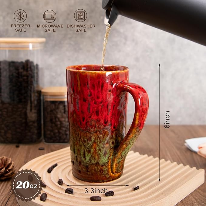 20oz Porcelain Coffee Mugs Set of 2, Large Tall Coffee Mugs with Handles, Modern Ceramic Coffee Cups for Coffee, Tea, Cocoa, Milk, Gifts for Women Men - Red & Green