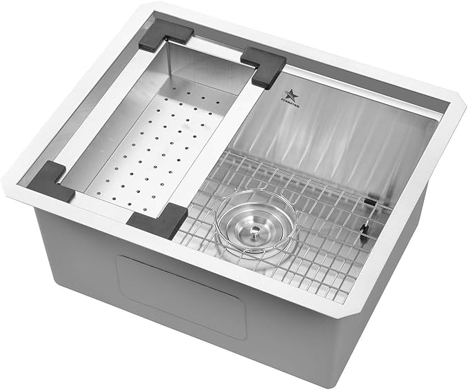 STARSTAR Workstation Ledge Undermount Single Bowl 304 Stainless Steel Kitchen Sink, With Grid, Colander, Cutting Board (21 x 18)