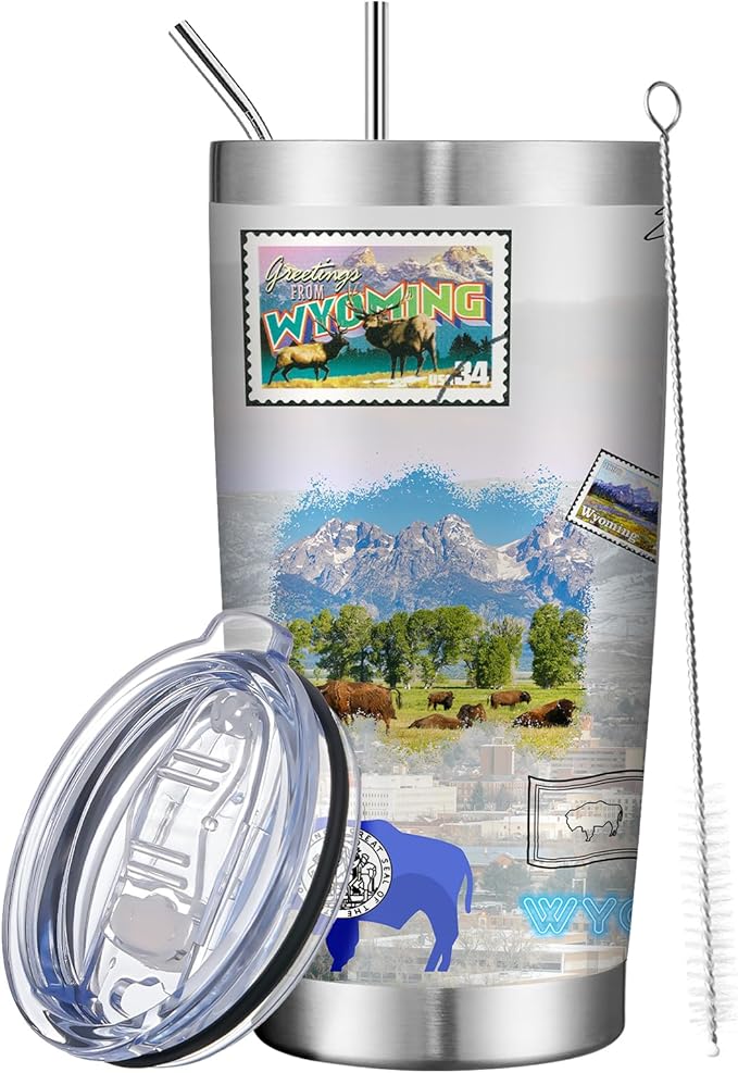20oz Insulated Tumbler Wyoming State Coffee Mug, United States Map Travel Mug Landmark, Birthday Gifts Cute Custom Tumbler Cups with Lid and Straw Gifts for Mom