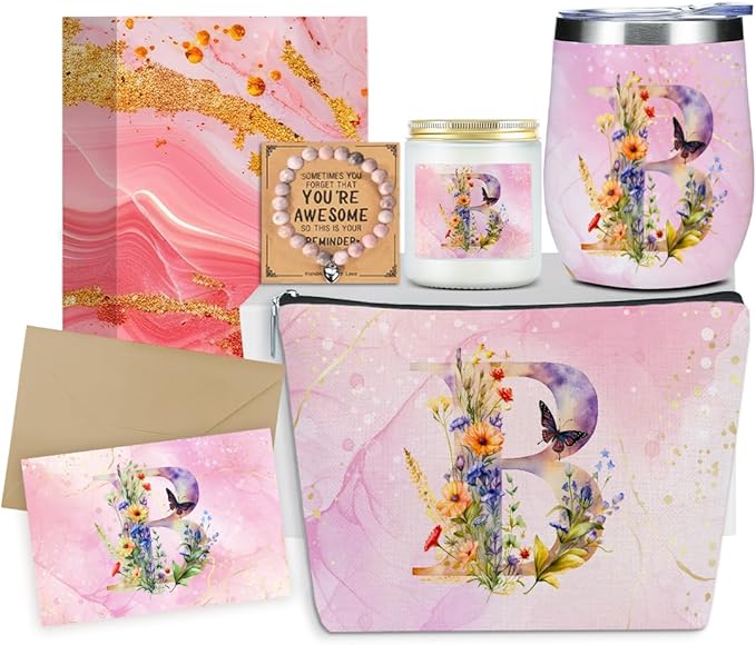Personalized Gifts Monogrammed Birthday Gifts for Women, Sister Cowerker Mom Boss Day Christmas Appreciation Initial Wine Tumbler Makeup Bag Scented Candle Bracelet Set, (Aesthetic Pink Flower B)