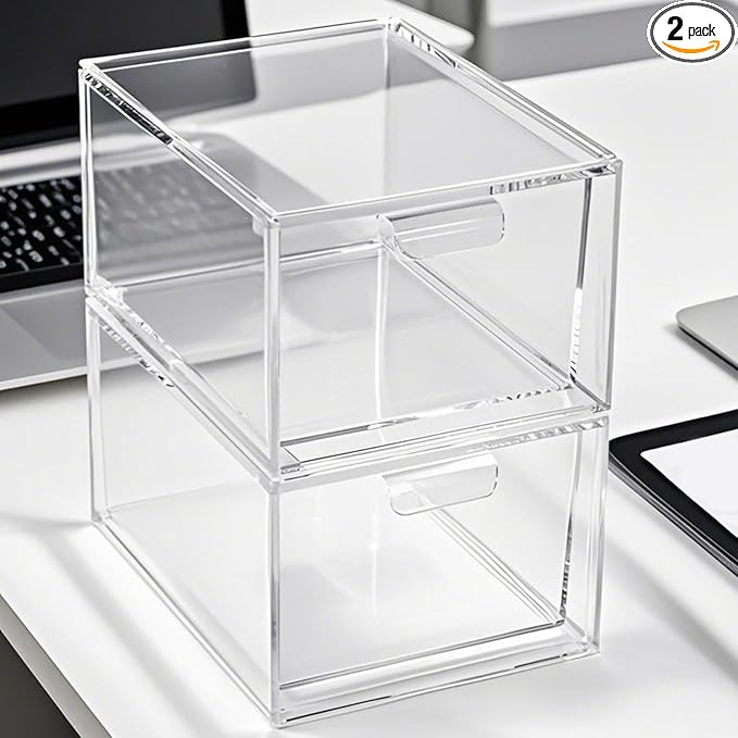 2 Pack Clear Stackable Makeup Organizer, Acrylic Bathroom Storage Drawers with Handles for Vanity, Kitchen Cabinets, Undersink, Pantry, Home Organization and Storage