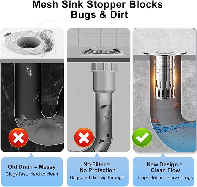 Bathroom Sink Stopper,Pop Up Drain for Bathroom Sink,Sink Stopper Hair Catcher,Silent Popper Core w/Removable Stainless Steel Filter Basket,Sink Drain Plug Fit for 1.05~2.0''Basin(All Metal)