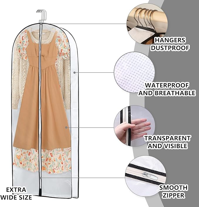 3 Pack 60" Long Plastic Garment Bags for Hanging Clothes, 4" Gusseted Clear Covers for Closet Storage Travel, Foldable Protector for Dress Shirt Gown Coat Suit Down Jacket