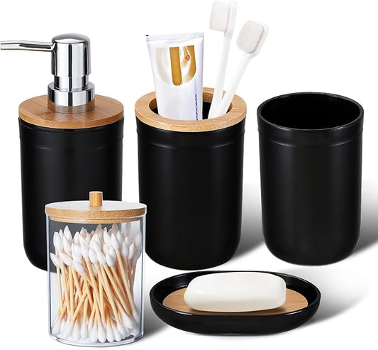 iMucci Bathroom Accessories Set 5Piece Black Bathroom Sets, Toothbrush Holder, Toothbrush Cup, Lotion Soap Dispenser, Soap Dish and Qtip Holder Bathroom Decor