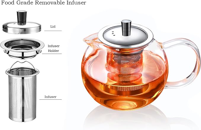 TMOST Glass Teapot with Removable Infuser, Stovetop Safe Tea Kettle blooming Loose Leaf Tea pot (32oz/950ml)
