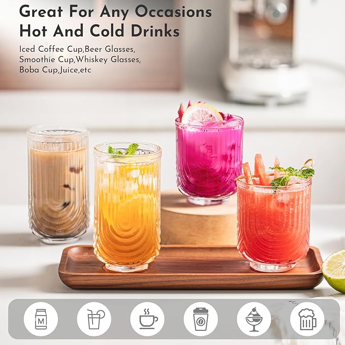 INSETLAN 12oz Vintage Glassware Arch Design Glass cups Set of 4, Fashioned Ripple Glassware Highball Glass, Classic Transparent Cocktail Glasses, for Bar Beverages Ice Coffee Juice Water (4pcs-S)