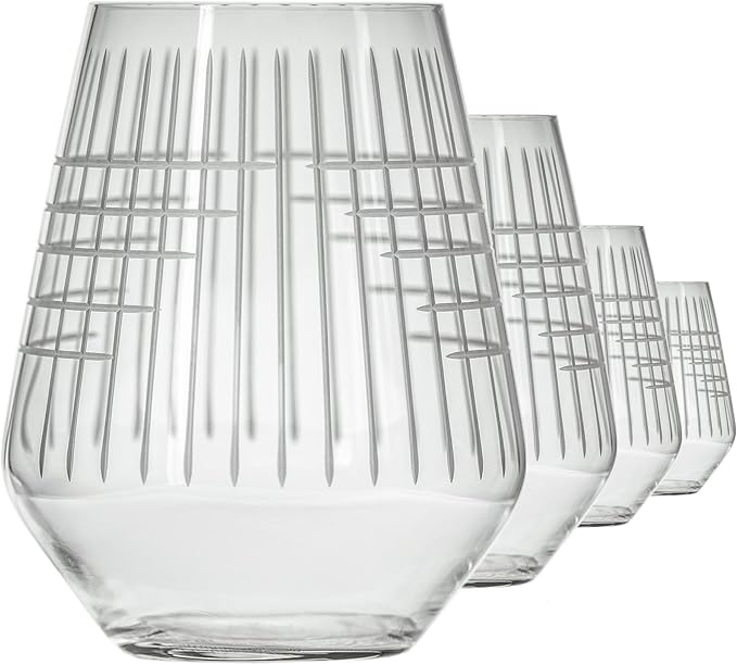 Rolf Glass Matchstick Stemless Wine Tumbler 18 ounce - Stemless Wine Glasses Set of 4 – Lead-Free Crystal Glass - Etched Tumbler Glasses - Made in the USA