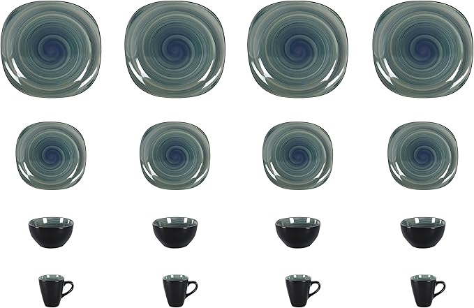 Stoneware Square 16pc Dinnerware Set, Inside Spinwaseh Swirl Blue + Outside Black