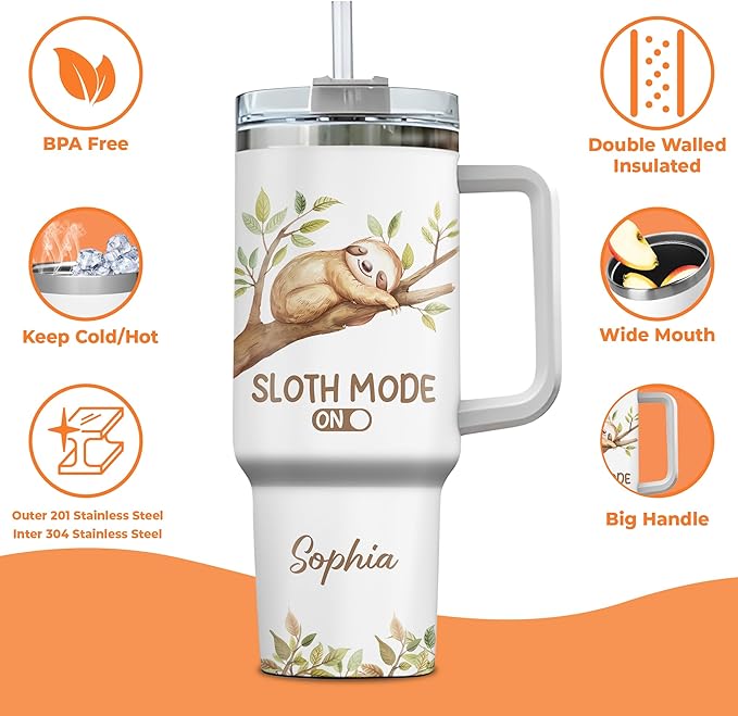 Personalized Sloth Tumbler 40oz with Handle & Straw - Lazy Themed & Funny Saying Tumbler - Cute Valentine Mother Father's Day Birthday Gifts - Custom Name Stainless Steel Travel Coffee Cup