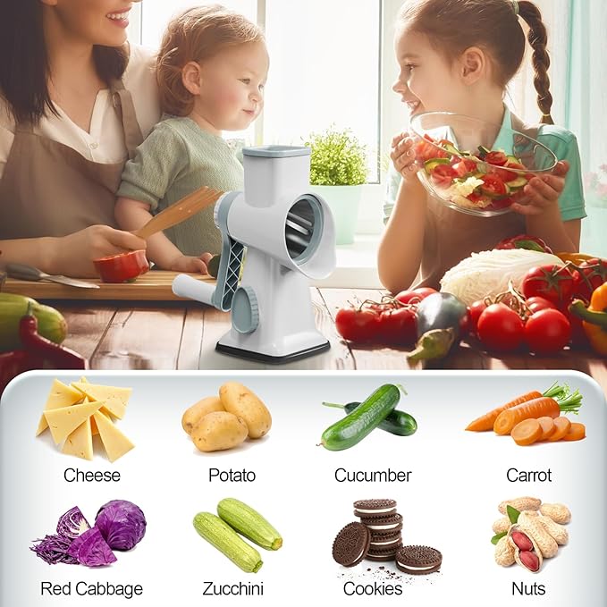 Cheese Grater Cheese Shredder with 3 Interchangeable Blades, Rotary Cheese Grater Manual Vegetable Slicer with Non-slip Suction Base Peanut Nuts Grinder Vegetable Shredder White