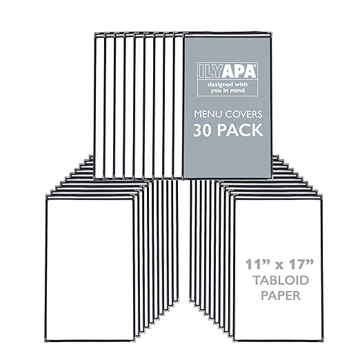 Ilyapa 30 Pack of Menu Covers 11 X 17 - Single Page, 2 View, Restaurant Menu Covers, Double Stitched Sleeves 11x17 Clear Plastic Sleeves