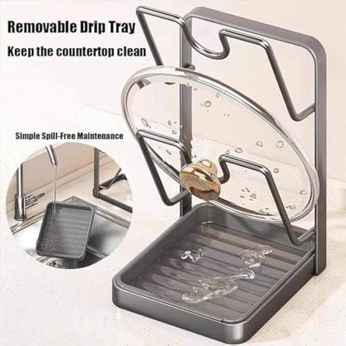 Kitchen Pot Lid Storage Rack - Pot Lid Organizer Rack,Pot Lid Holder While Cooking,Spoon Rest with Lid Holder&Drip Tray,Multifunctional Kitchen Organizer Stand for Stove Top (Black, Single)