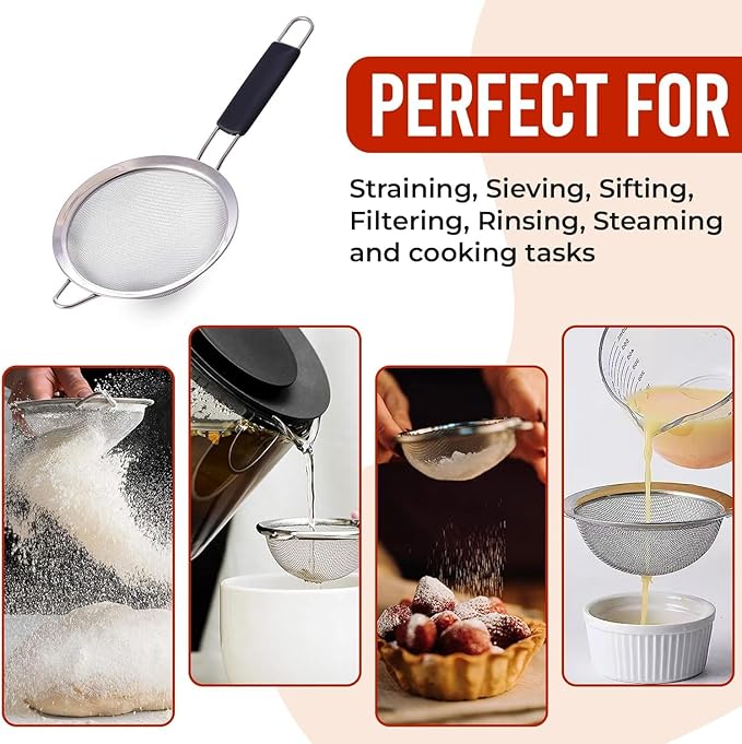 ELEEN Stainless Steel Strainer | Set of 3 Kitchen Strainers Available Sizes (S,M,L) | Perfect Strainers for Kitchen Use (Black Handle Pack of 3)