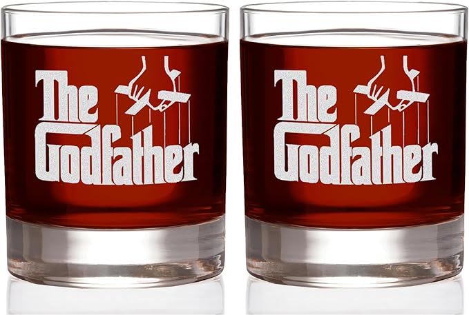 Official Godfather Etched Whiskey Glass Set - with Logo & 2 Unique Quotes - Premium Quality, Handcrafted Glassware, 11 oz. A Perfect Collectible Rocks Glass Set