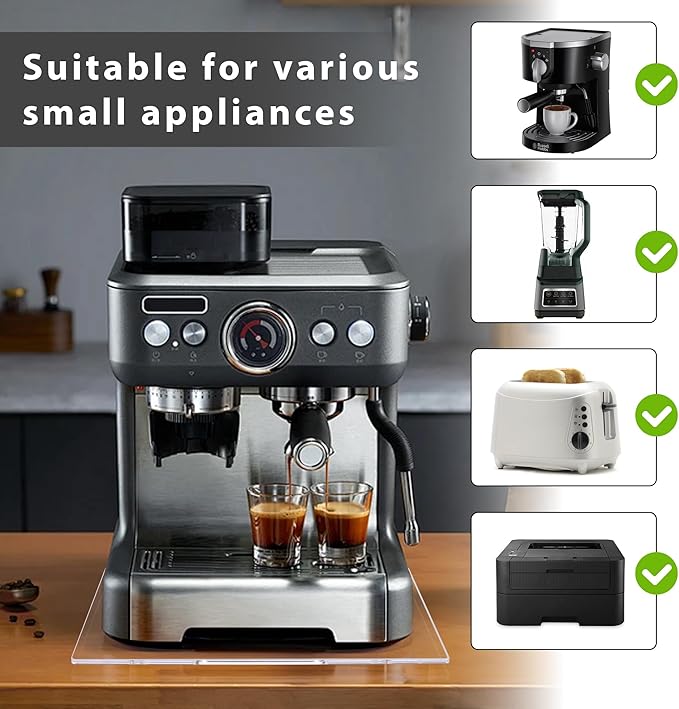 Appliance Sliders for Kitchen Appliances, Sliding Tray for Coffee Maker, Coffee Pot Slider Tray with Rubber Rolling Wheels for Heavy Kitchen Appliances like Blender (colorless, 10"D x 12"W)
