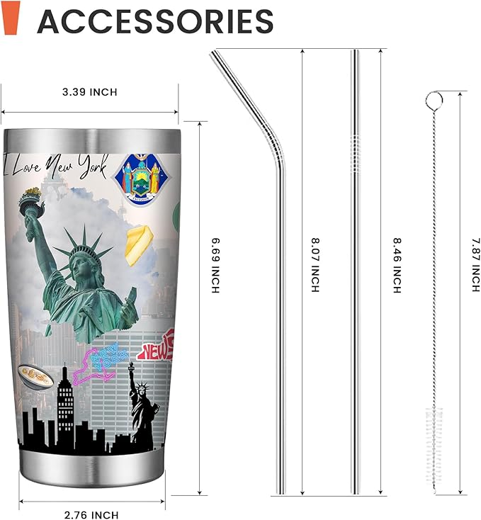 20oz Insulated Tumbler New York State Coffee Mug, United States Map Travel Mug Landmark, Birthday Gifts Cute Custom Tumbler Cups with Lid and Straw Gifts for Mom