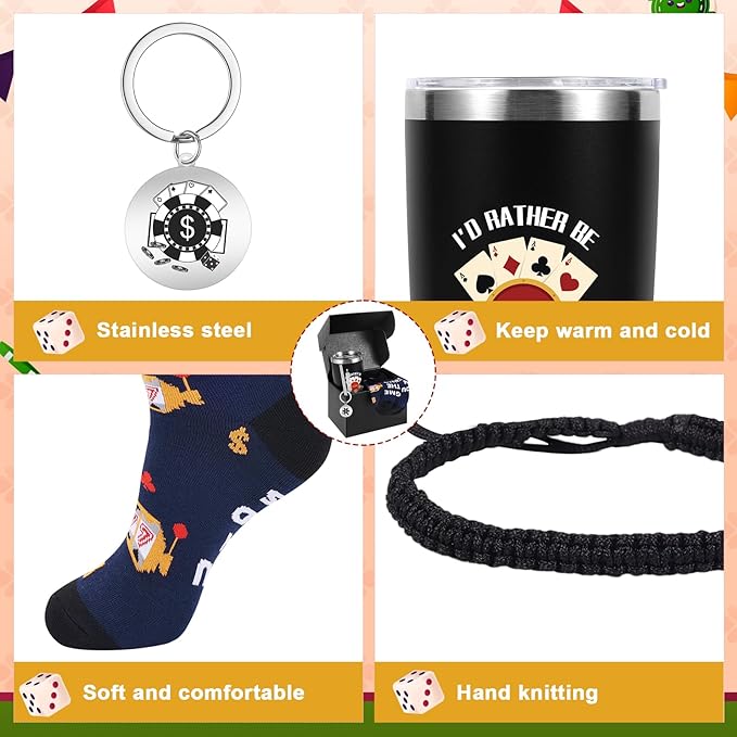 Gambling Gifts, Casino Gifts for Men Include 20 oz Casino Stainless Steel Tumbler Funny Socks Keychain Lucky Bracelet Slot Machine Gift for Christmas Birthday Party