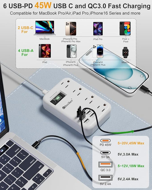 45W USB C Travel Power Strip- PD 45W Fast Charging Station with 6 USB(2 USB C) Ports and 4 Outlets,5Ft Flat Plug Braided Extension Cord Surge Protector for MacBook Laptops iPad Pro iPhone Samsung 13A