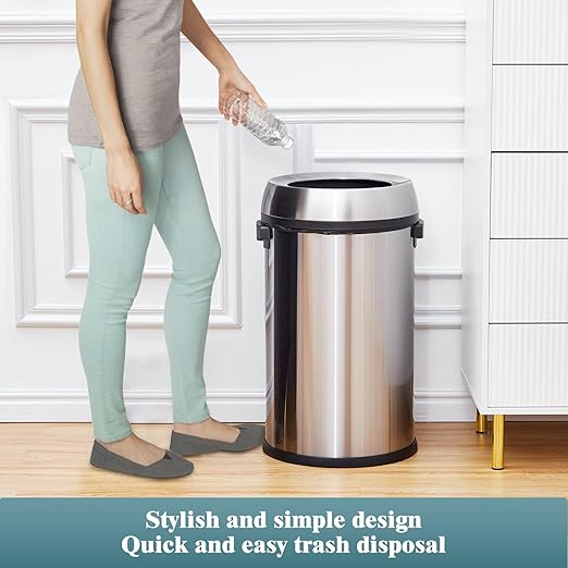 Garvee 17 gal Trash Can, Fingerprint-Proof Stainless Steel Swing Top Garbage Can, Heavy Duty Commercial Round Trash Bin with Swing Lid for Restaurant, Home, Office, Silver