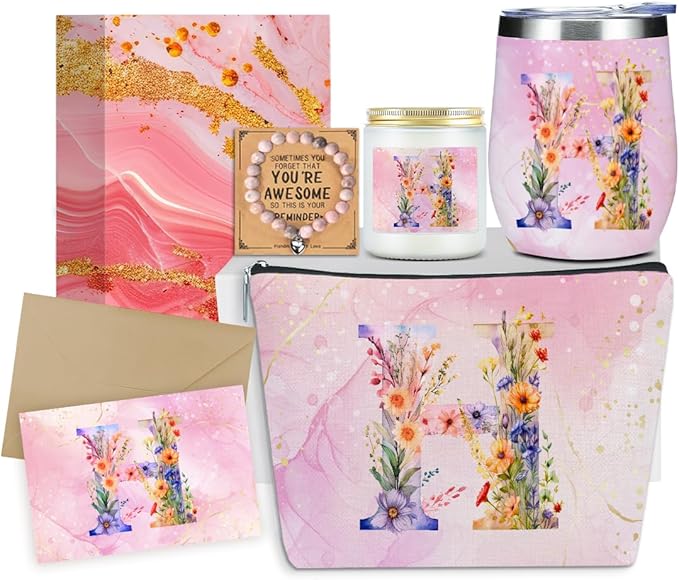 Personalized Gifts Monogrammed Birthday Gifts for Women, Bridesmaid Bachelorette Party Christmas Initial Wine Tumbler Makeup Bag Scented Candle Bracelet Set, (Aesthetic Pink Flower H)