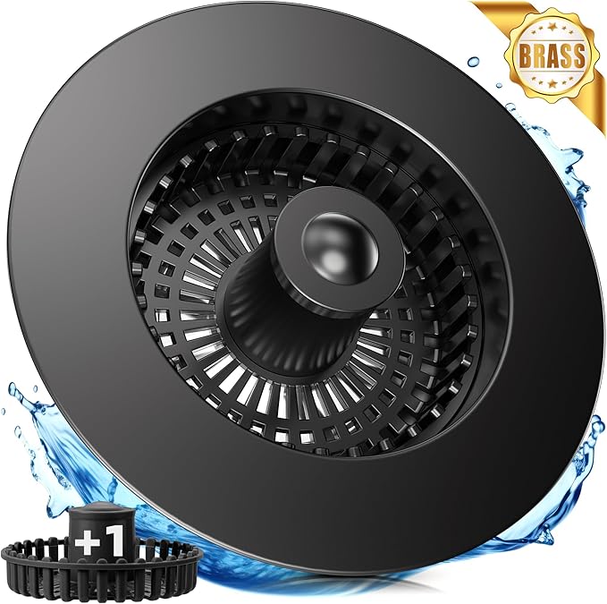 3 in 1 Kitchen Sink Strainer & Stopper, Pop Up Drain Plug for 3.5 Inch Sink – Anti-Clogging, Brass Core, Easy to Clean with Bonus Basket – Black – DIKSEFN