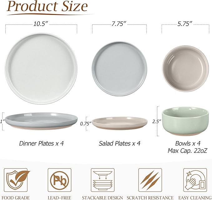 LIANYU 12 Piece Ceramic Dinnerware Set, Stoneware Dinner Dish Set for 4, Kitchen Modern Dishware Plates and Bowls, Scratch Resistant, Assorted Colors