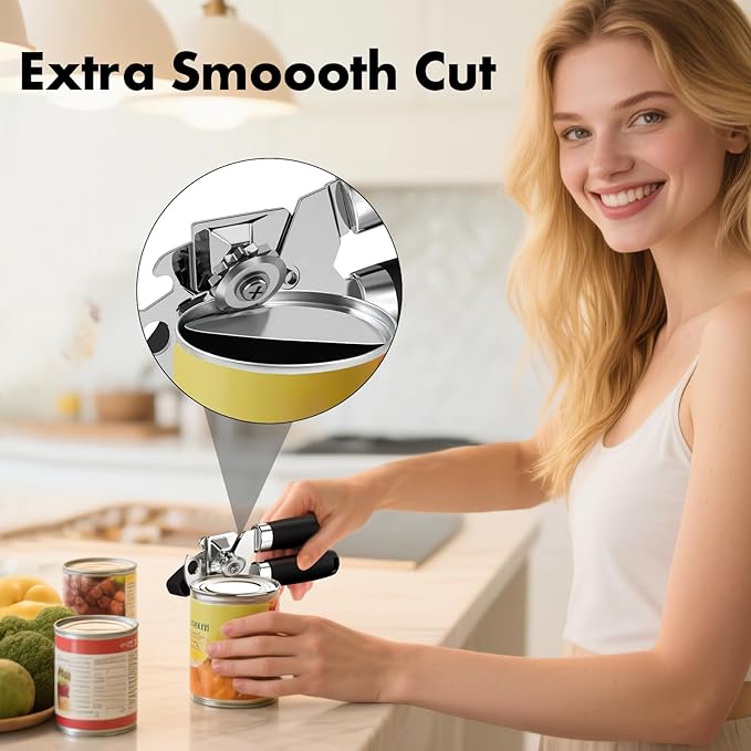 2PCS Can Opener Manual & Bottle Opener, Smooth Edge Manual Can Openers with Strong Magnet, Heavy Duty Stainless Steel Abrelatas Handheld Can Openers - Premium Kitchen Supplies (Black)