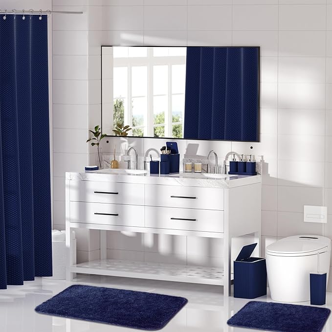 Bathroom Accessory Set - Bathroom Set, 27PC Bathroom Accessories Set, Navy Blue Bathroom Sets with Shower Curtain and Rugs, Mini Trash Can, Toilet Brush, Trash Can & Soap Dispenser