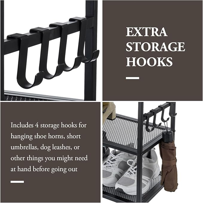 MyGift 28 Inch Black Metal Shoe Stand with 2 Mesh Shelves Rack and Vintage Gray Solid Wood Top Storage Shelf, 3-Tier Rustic Industrial Entryway Organizer Bench Includes 4 Hanger Hooks