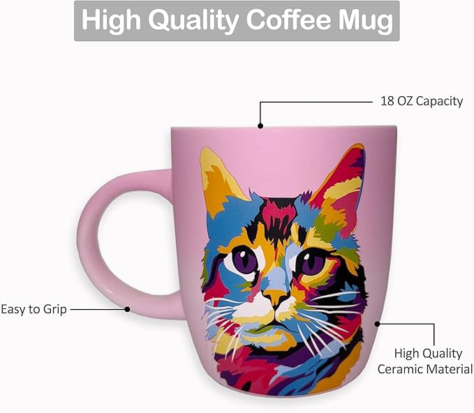Soft Touch Pink Cat Mug - 18 Oz Coffee Mug with Premium Quality Box - Ceramic Mug for Cat Lover - Unique Coffee Cup for Gift