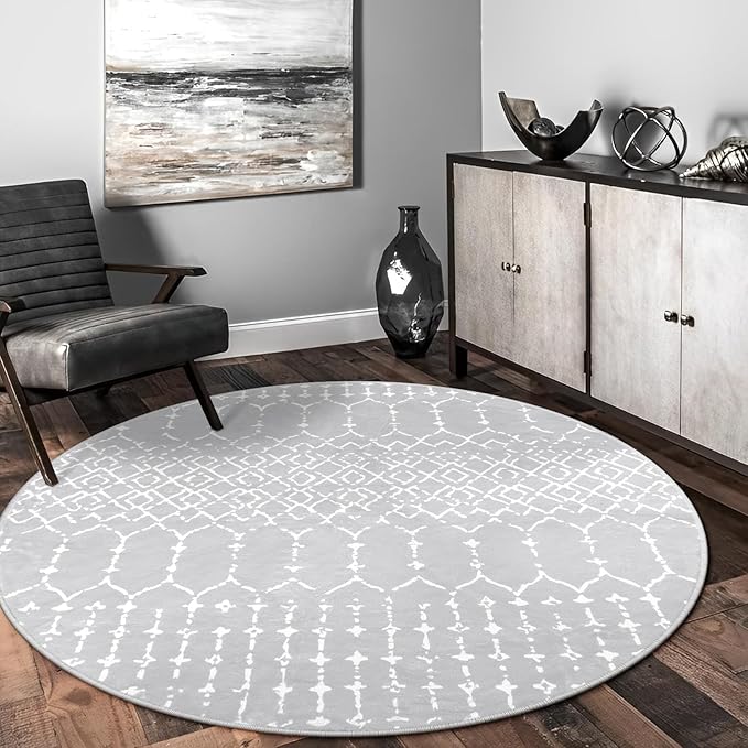 Lahome Moroccan 5Ft Round Rug - Machine Washable Round Bedroom Carpet Grey Non-Slip Throw Circle Rugs for Living Room Low-Pile Large Round Rug, Modern Geometric Print Carpet for Office Dining Room