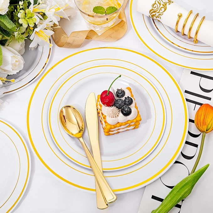 I00000 350Pcs Gold Dinnerware Set for 50 Guests, Gold Plastic Plates for Party, Include: 100 Disposable Plastic Plates, 50 Paper Napkins, 50 Cups, 50 Silverware Set Perfect for Party & Wedding