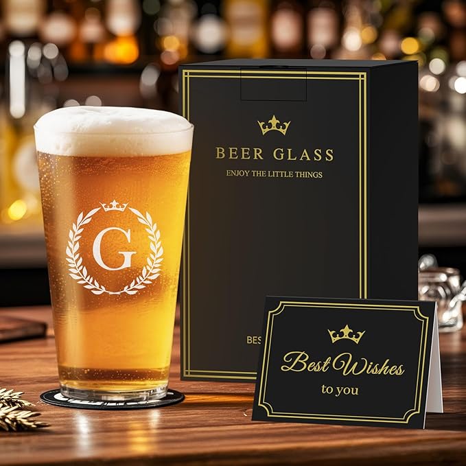 Personalized Beer Glasses Gifts for Men, 16 oz Pint Glasses Monogrammed A-Z Drinking Glass Cups Customized Gift, Unique Christmas Anniversary Birthday Gifts for Men Him Dad Brother Husband Grandpa (G)