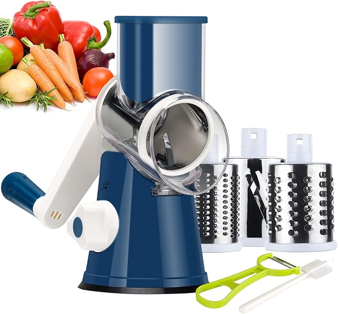 Ourokhome Rotary Cheese Grater Hand Crank, Kitchen Shredder Speed Mandolin Slicer Nut Grinder with Handle and Drum Blades for Cheese, Vegetable, Walnut, Chocolate, Potato, Carrot, 3 Blades, Dark Blue