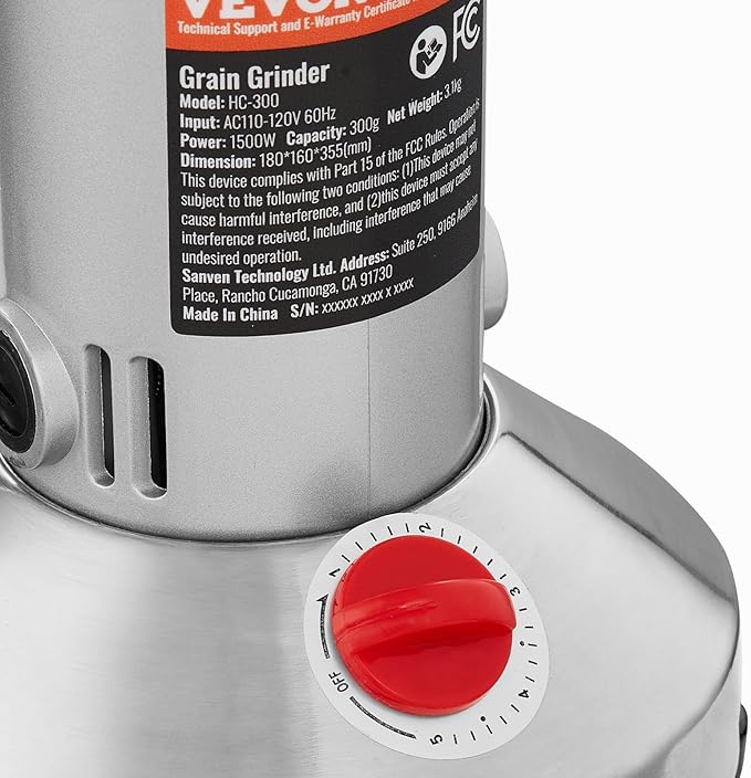 VEVOR 300g Electric Grain Mill Grinder, High Speed 1500W Commercial Spice Grinders, Stainless Steel Pulverizer Powder Machine, for Dry Grains Spices Cereals Coffee Corn Pepper, Straight Type