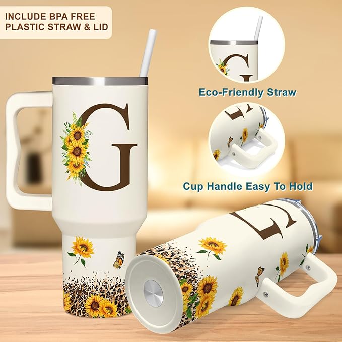 Personalized Birthday Gifts For Women - Sunflowers Monogrammed Cup For Boss Day, Christmas - Customized Gifts For Women, Mom, Wife, Coworkers, Boss Lady, Her - Custom Tumbler With Handle 40oz