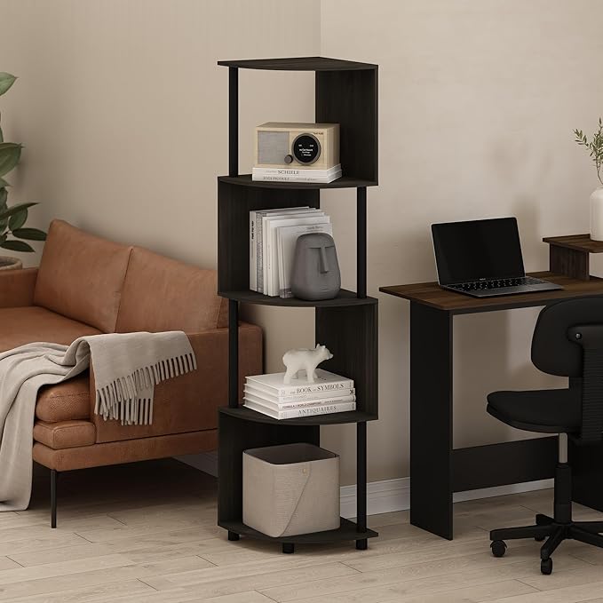 Furinno ECON Corner Shelf, 4-Tier Corner Book Shelf, Zigzag Storage Shelves, Display Rack, Bookshelf, for Organization and Storage, Living Room, Home Office, Espresso