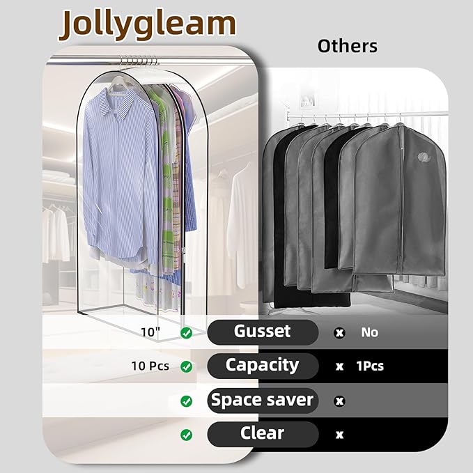 Upgraded Thickened Clear Garment Bags for Hanging Clothes 4 Packs, 10“ Gusseted Clothes Hanging Storage Bags for Closet, Shirts, Coats, Dresses (43 & 60 inch)
