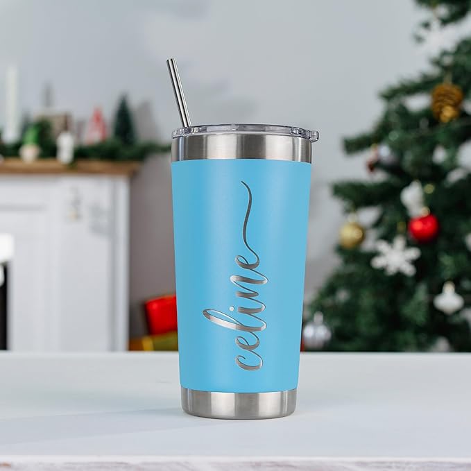 Personalized Tumblers, Stainless Steel 20 oz Tumbler w/Lid |13 Different Designs| Personalized Cups Double Walled Insulated Coffee Cup for Travel, Gym, Fitness | Hot and Cold Drink - Sky Blue