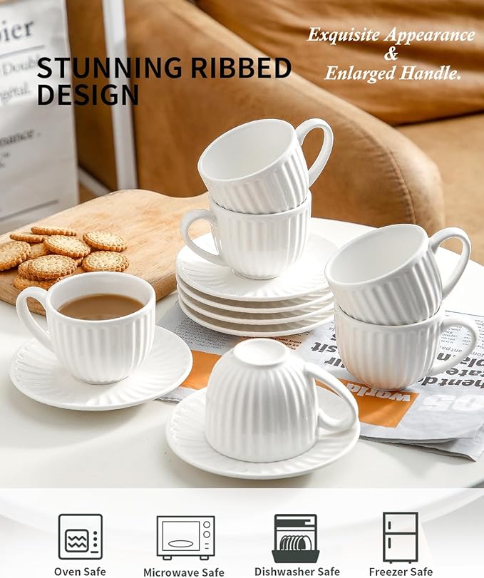 Hasense 4 Oz Espresso Cups with Saucers Set of 6, Ribbed Cappuccino Cups Ceramic for Coffee,Espresso,Double shot,Latte and Macchiato, Demitasse Cups Set Aesthetic Gift, White