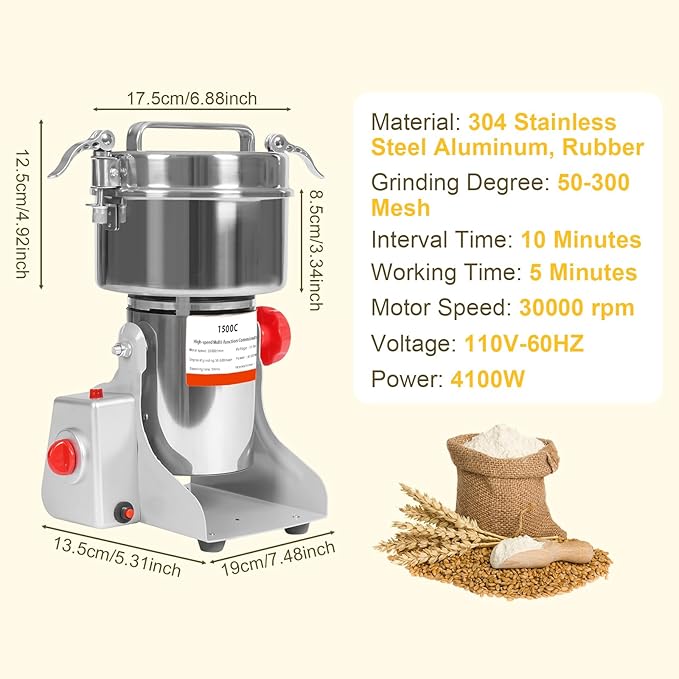 1500g Electric Grain Mill Grinder, High Speed 4100W Commercial Grinders, Stainless Steel Machine for Dry Grains, Coffee, Corn (1500g/3.3lbs Capacity)