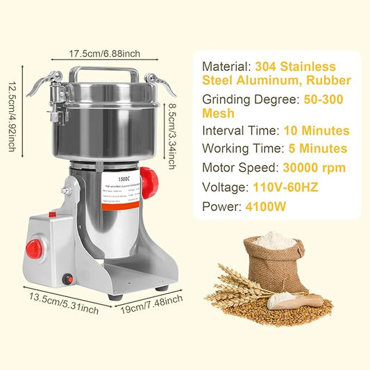 1500g Electric Grain Mill Grinder, High Speed 4100W Commercial Grinders, Stainless Steel Machine for Dry Grains, Coffee, Corn (1500g/3.3lbs Capacity)